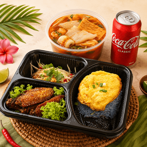 Crispy Chicken Midwings with Butterfly Pea Coconut Rice Thai Bento from JIAK THAI POH in Singapore.