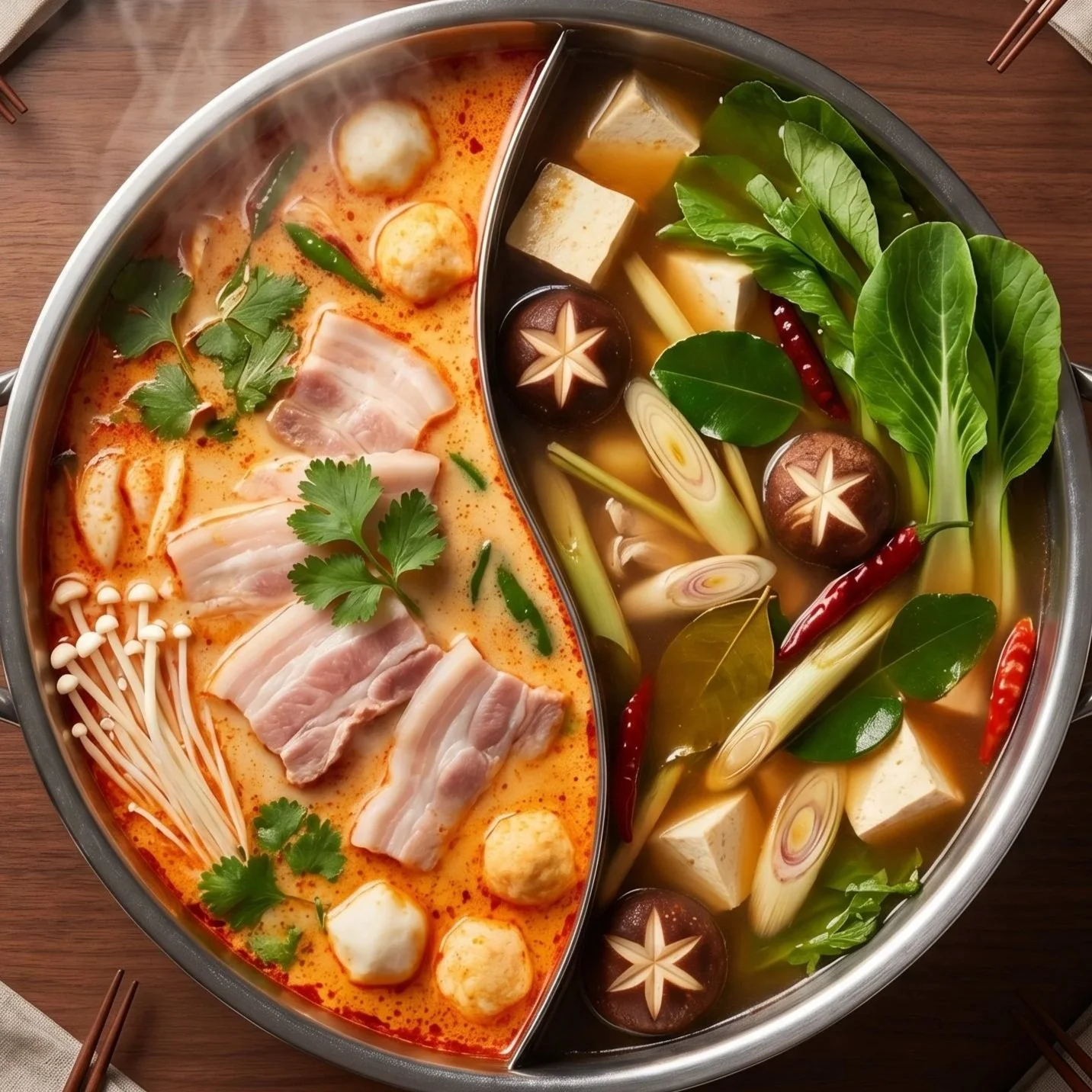 A hot pot divided into two sections with different broths. The left side contains a spicy, orange-colored broth with slices of pork, mushrooms, tofu, and herbs. The right side contains a clear, light broth with various vegetables, mushrooms, tofu, herbs, and chili peppers.