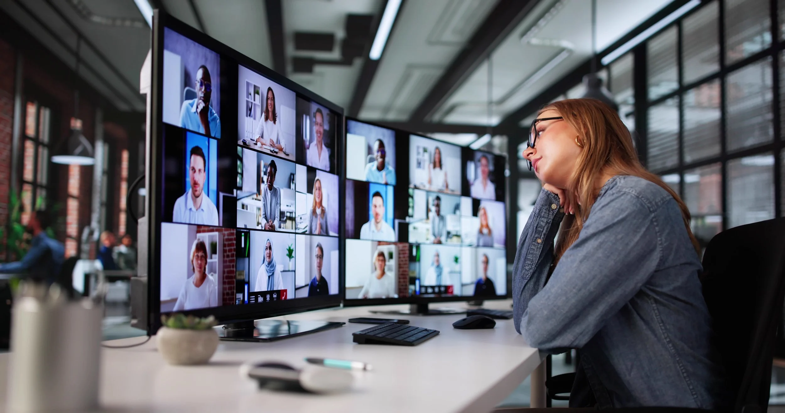 A woman sitting at a desk looking at a screen with multiple people in a video conference, in a modern, well-lit office with large windows.