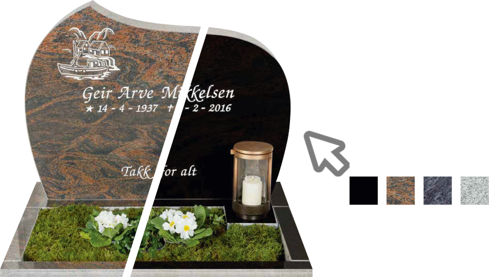 Eksempel på gravstein i granitt med inngravert motiv og lykt, og prøver av ulike steinfargar