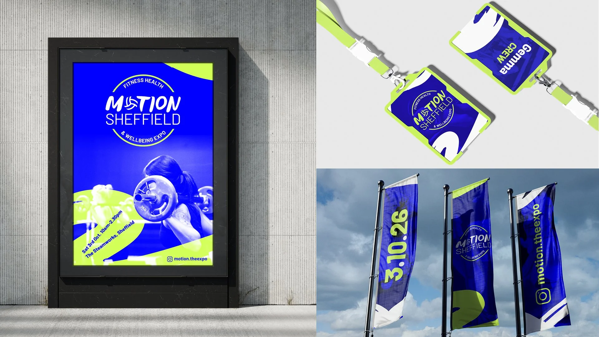 Poster advertising the Motion Sheffield fitness health and wellbeing expo with a woman lifting a barbell, event date and location, and social media handle. Blue and lime green color scheme.