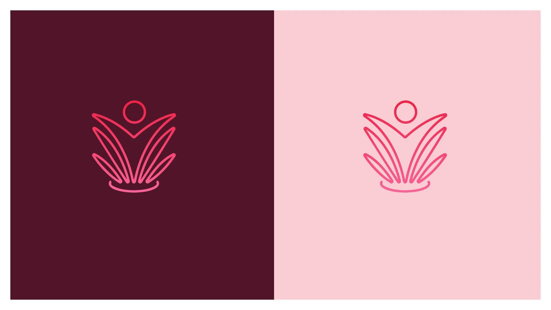 A split background with the left side dark red and the right side light pink, each featuring a pink line drawing of a stylized abstract flower with a human figure.