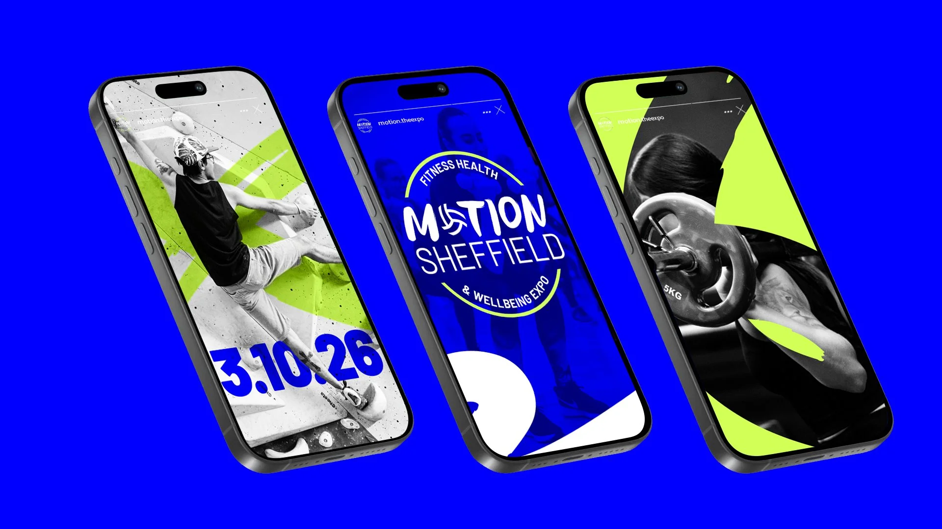 Three smartphones displaying fitness event advertisements against a bright blue background.
