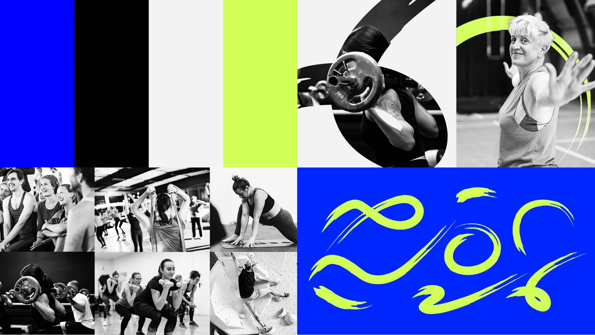 Collage of women engaging in various fitness activities, including weightlifting, yoga, running, and group exercise, with abstract blue and neon green graphic elements.