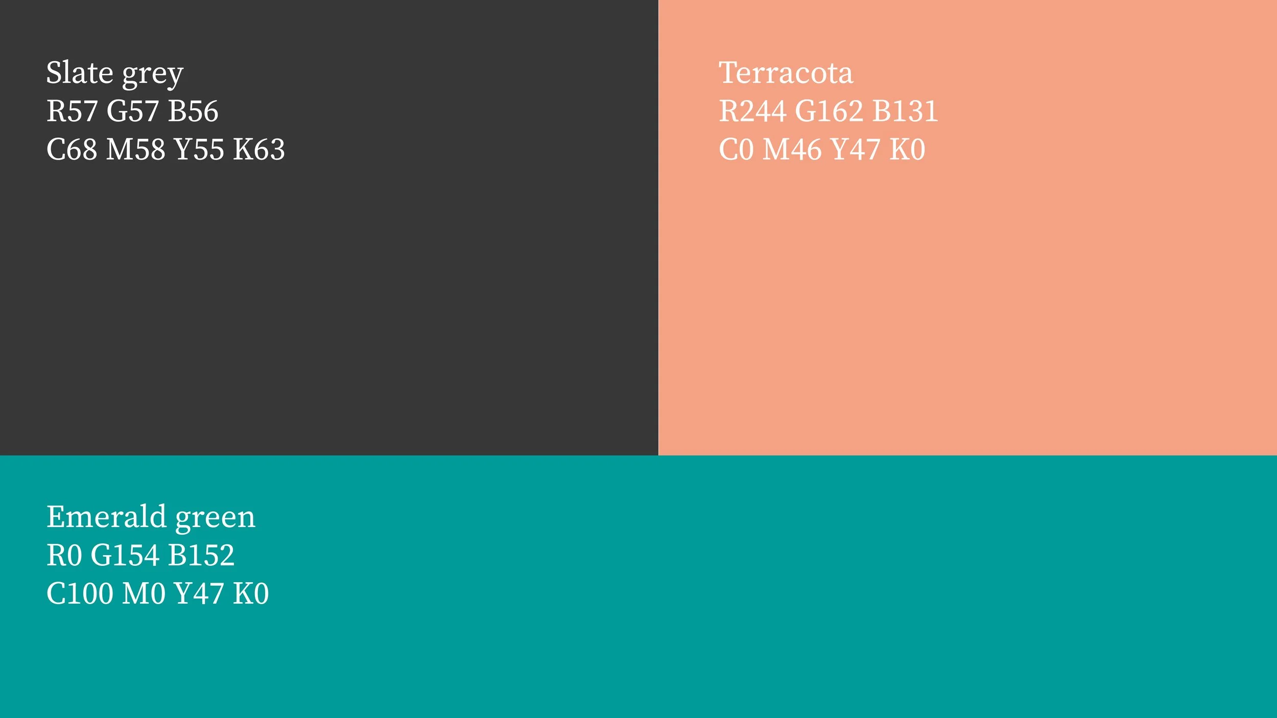 A color palette chart showing four shades: slate grey, terracotta, emerald green, and a teal blue, each with their respective color codes.