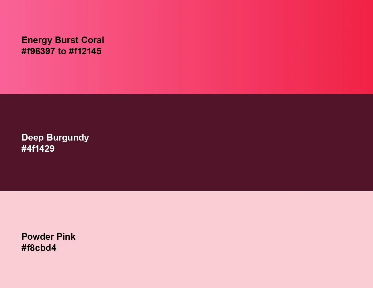Color palette with three shades of pink: Energy Burst Coral, Deep Burgundy, and Powder Pink, each with their hex color codes.