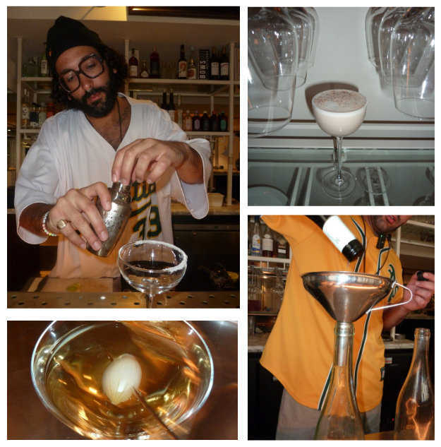 A bartender pouring a cocktail, cocktail glasses with foam, a cocktail with an onion garnish, and a person using a funnel for drink preparation.