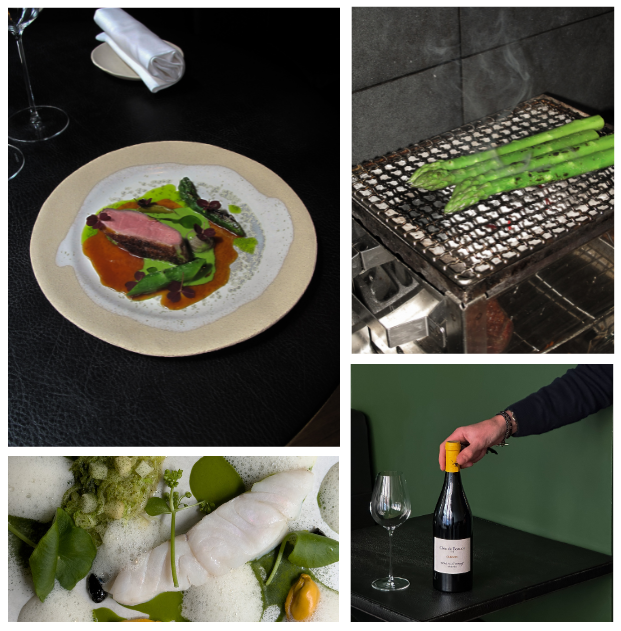 A collage of four images: A gourmet plated dish with sauce and greens, asparagus being grilled on a barbecue, a seafood dish with foam garnish, and a person opening a bottle of wine next to an empty glass.