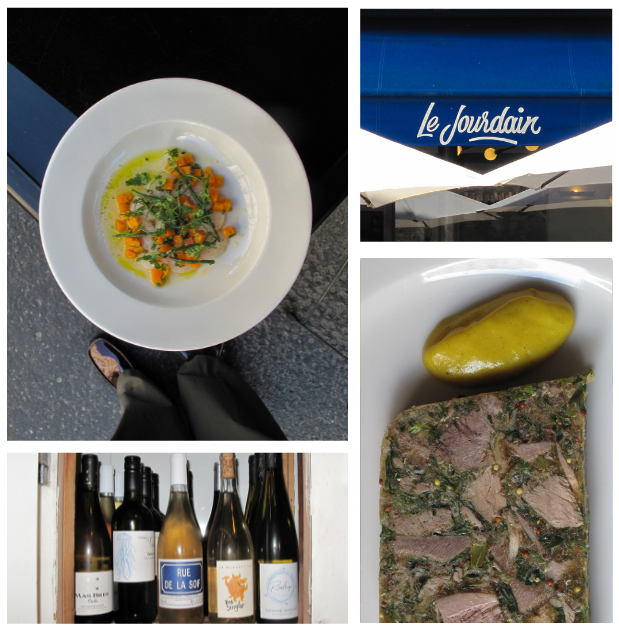 A collage of four images: a plate of soup topped with herbs and cubes of vegetables, the sign for Le Jourdain restaurant, a dish of terrine with a pickled cucumber, and a row of wine bottles.