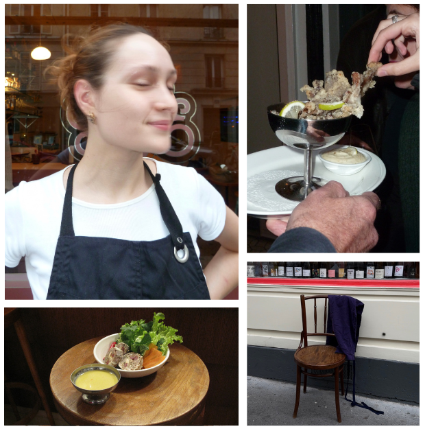 Collage of four images: a young woman with red hair wearing a black apron enjoys a drink; a close-up of a person holding a tray with fried calamari, lemon slices, and dipping sauce; a bowl of salad with greens and dressing on a wooden table; an empty wooden chair in front of a window.