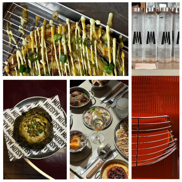 A collage of six images including a cooked artichoke with toppings, an okonomiyaki, a table with drinks and food, a tray with glass bottles, and a metal dish drying rack.
