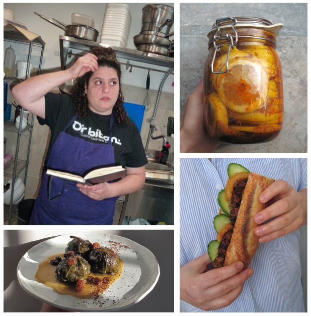 A woman in a kitchen with a cookbook, a jar of infused citrus and spices, a person holding a sandwich with cucumbers and meat, and a plate of stuffed vegetables.