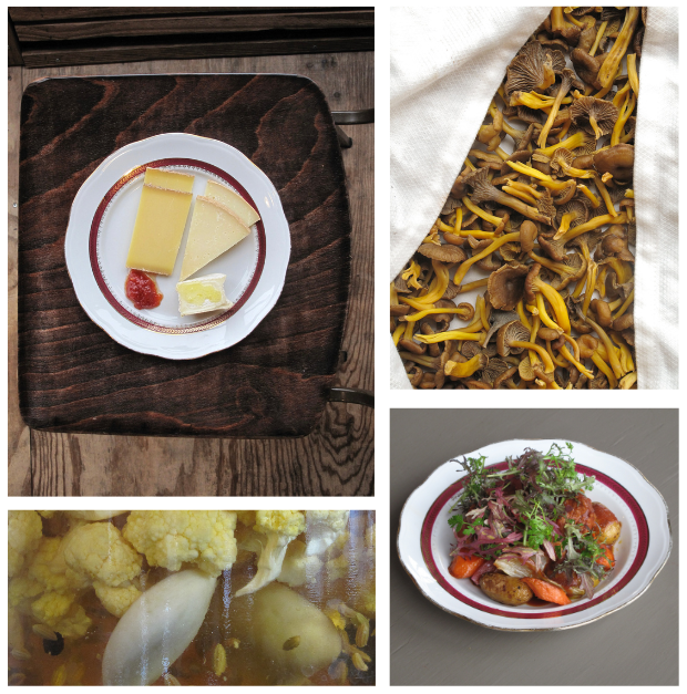 Top left: a plate with three types of cheese and a bit of jam. Top right: cluster of yellow and brown wild mushrooms. Bottom left: cauliflower and potato in broth. Bottom right: steak with sauce topped with herbs and vegetables.