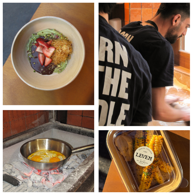 A bowl of dessert with sliced strawberries, a drizzle of syrup, and green garnish in a beige bowl, a person washing dishes at a kitchen sink, a frying pan with eggs cooking over a charcoal stove, and a plastic container of grilled corn with a label reading 'Leven' in a restaurant setting.