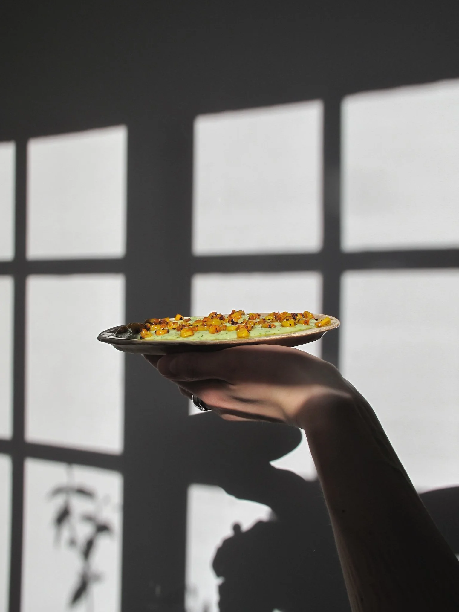 A hand holding a pizza with toppings, silhouetted against a window with grid patterns and shadows.