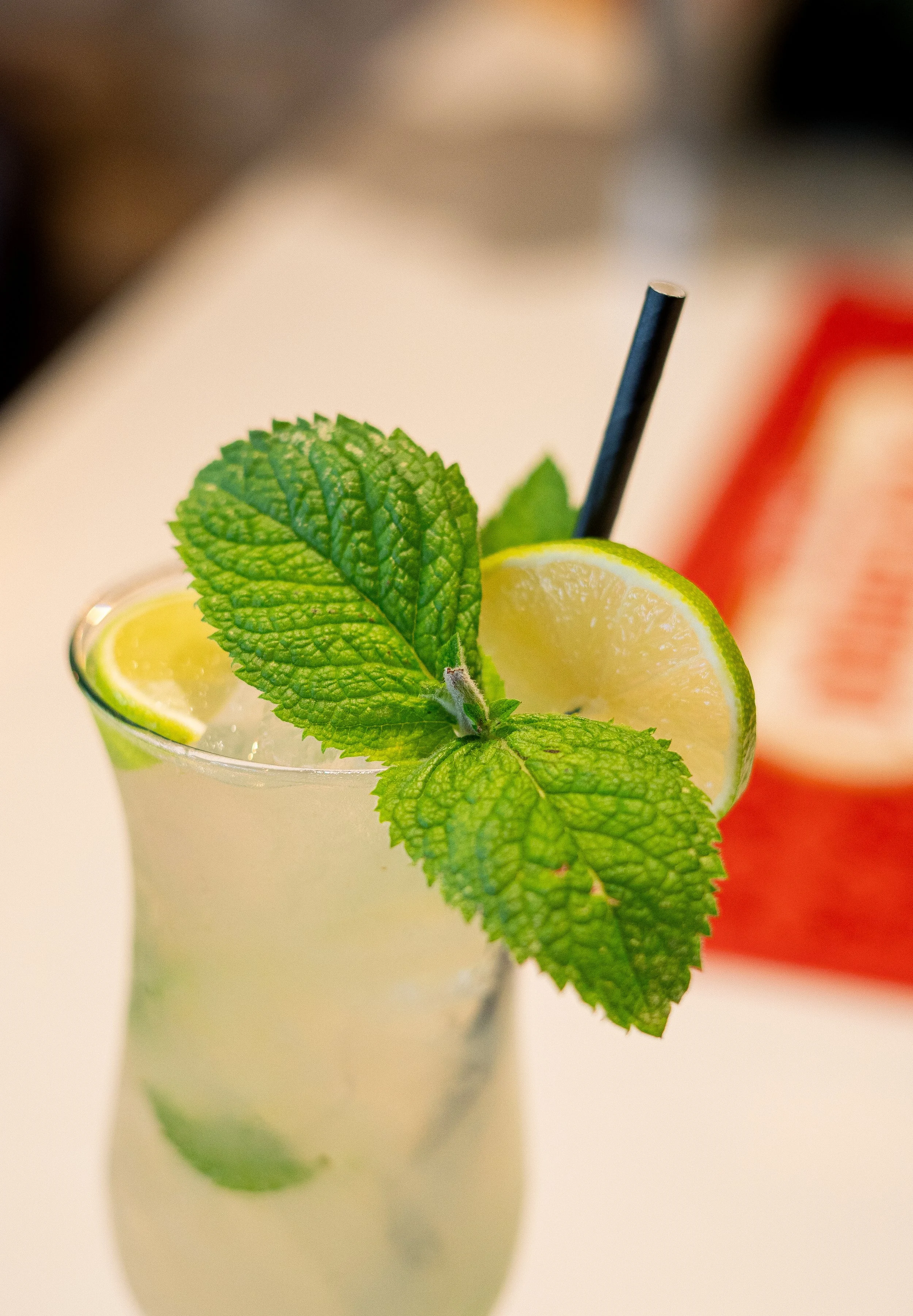 Close-up of a refreshing beverage garnished with mint leaves and lime slices, with a black straw, on a white surface.