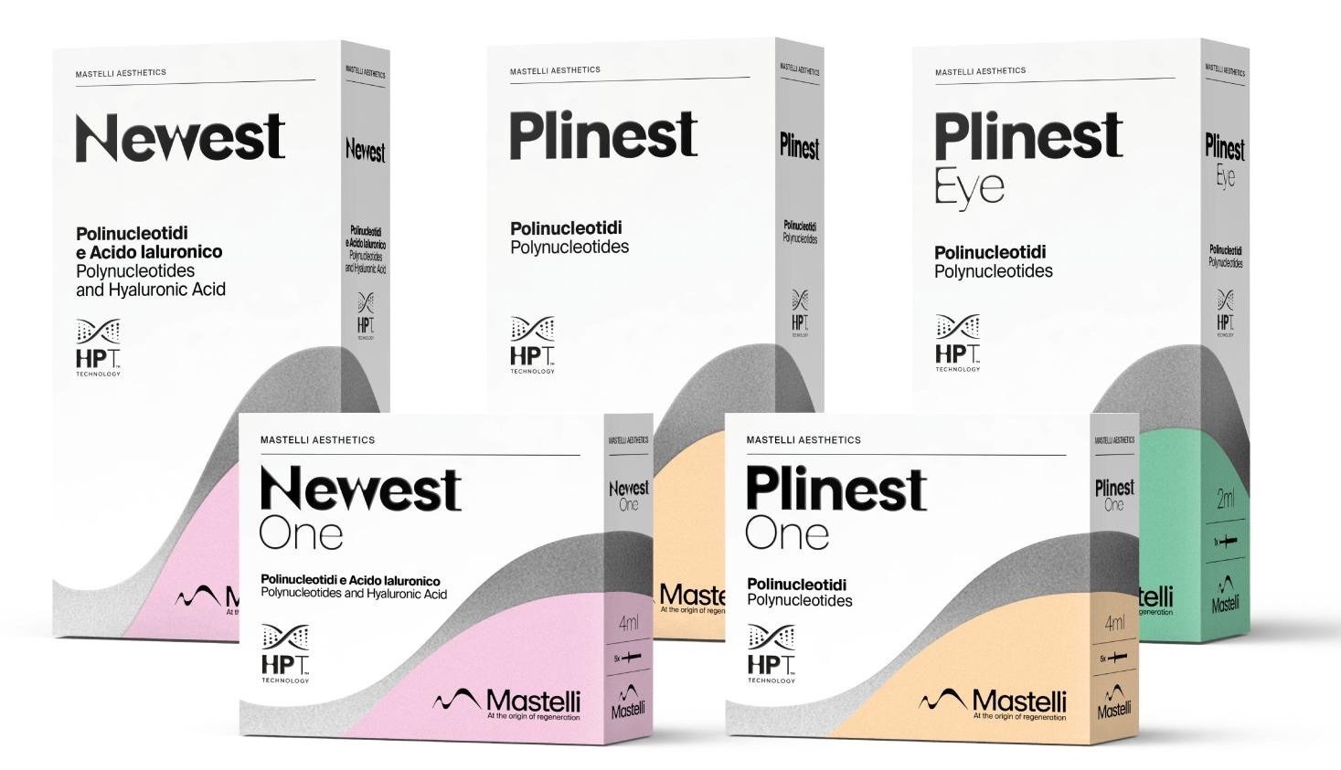 Five Mastelli skincare product boxes for polynucleotides and hyaluronic acid, labeled Newest, Plinest and Plinest One, with pink, beige, and green accents.