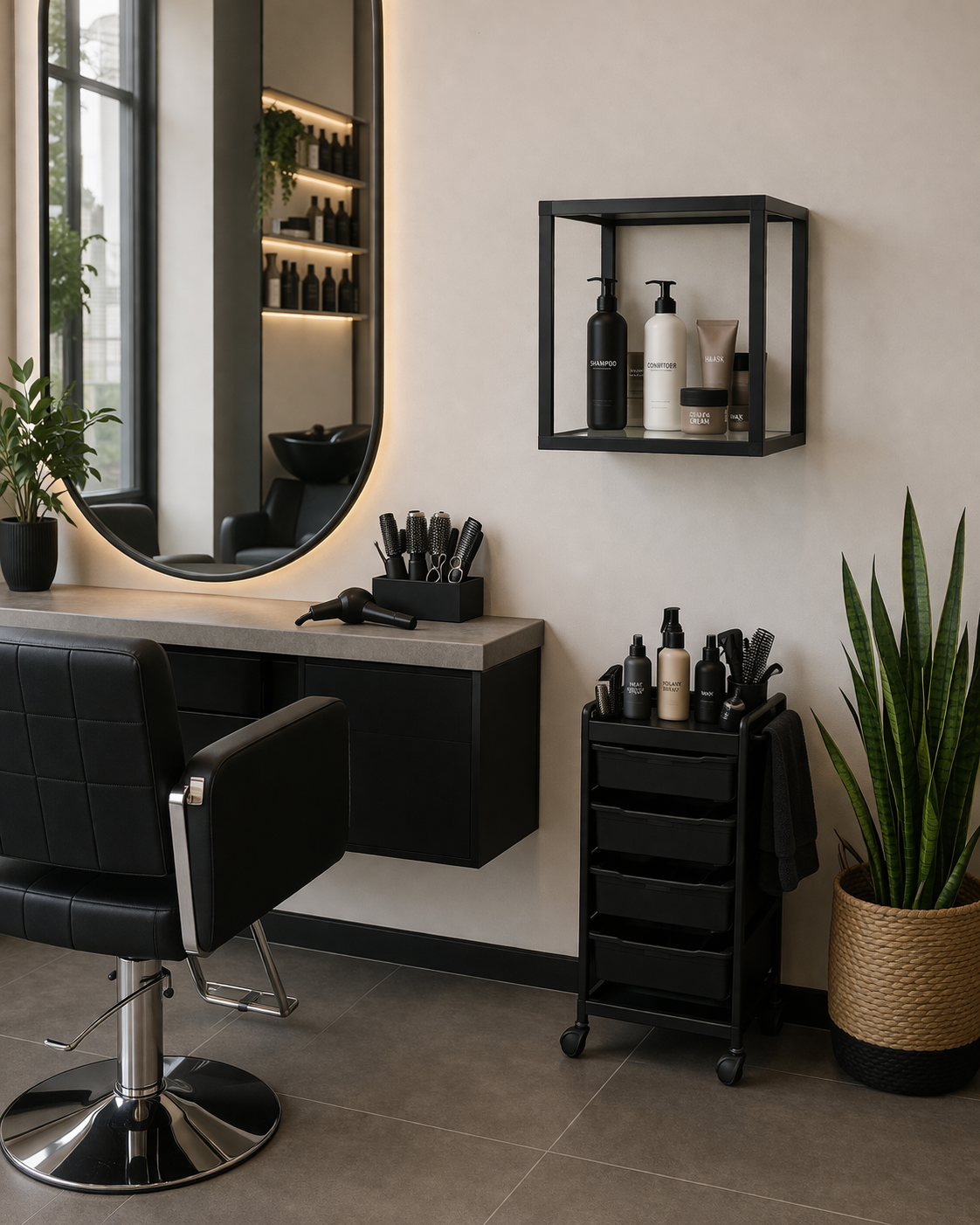 Indretning af en frisørsalon til hårprodukter. Opal Storage