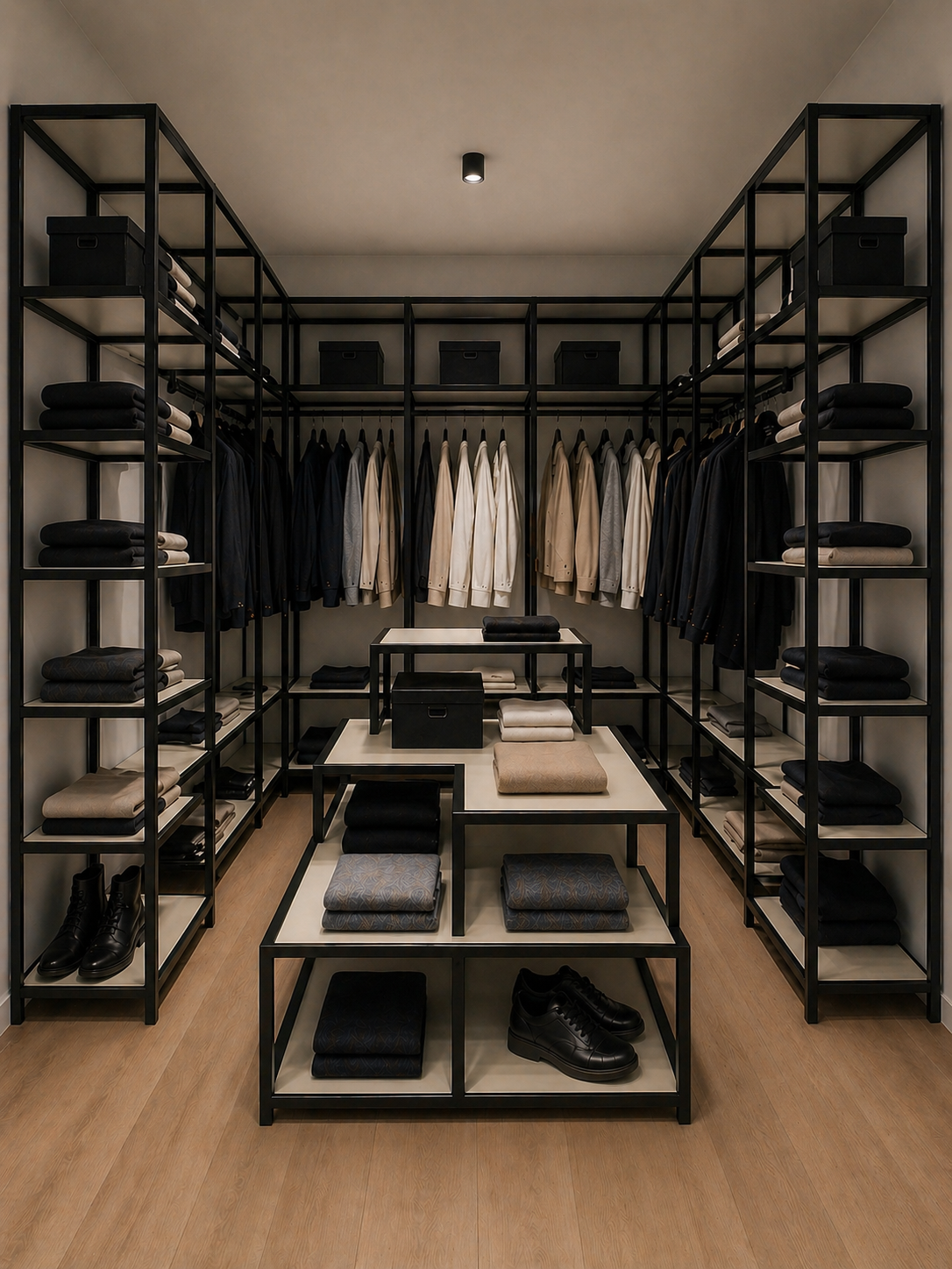 Sort aluminium reol i tøjbutik og walkinn closet
