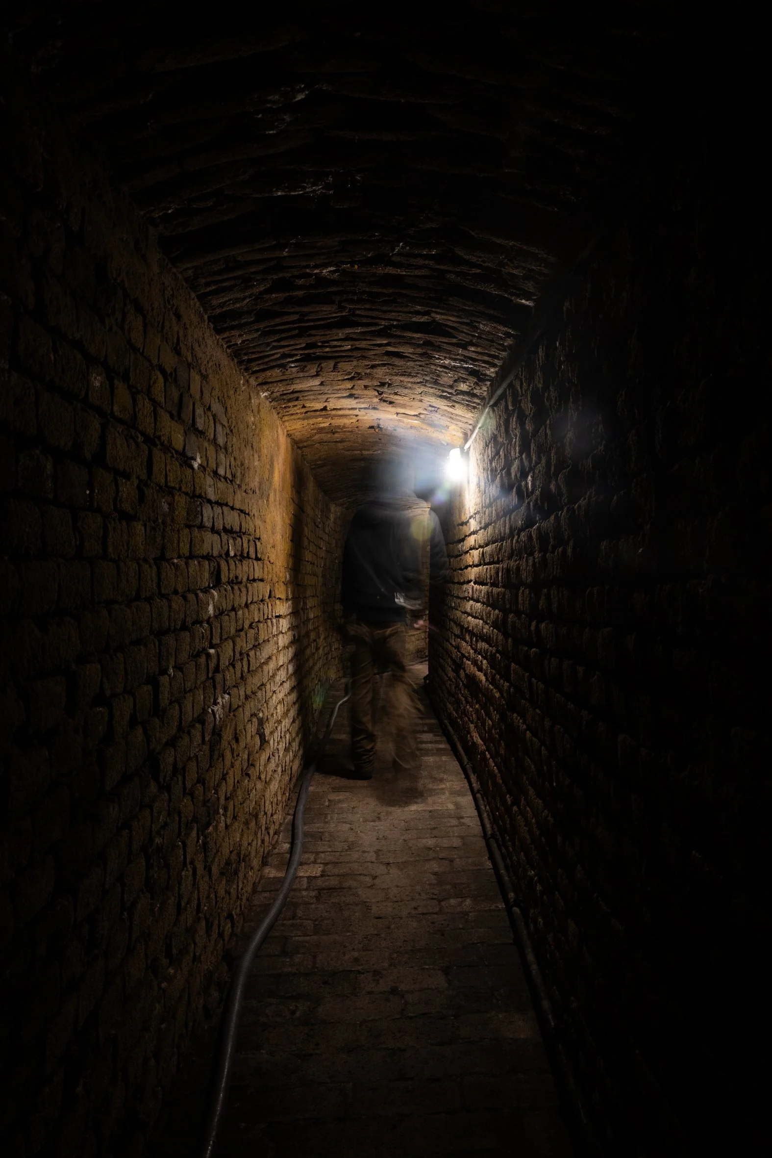 Arnold Holzer in einem schmalen Gang seines alten Weinkellers in Großriedenthal am Wagram, der an einigen Stellen durch eine Lichtquelle beleuchtet ist.