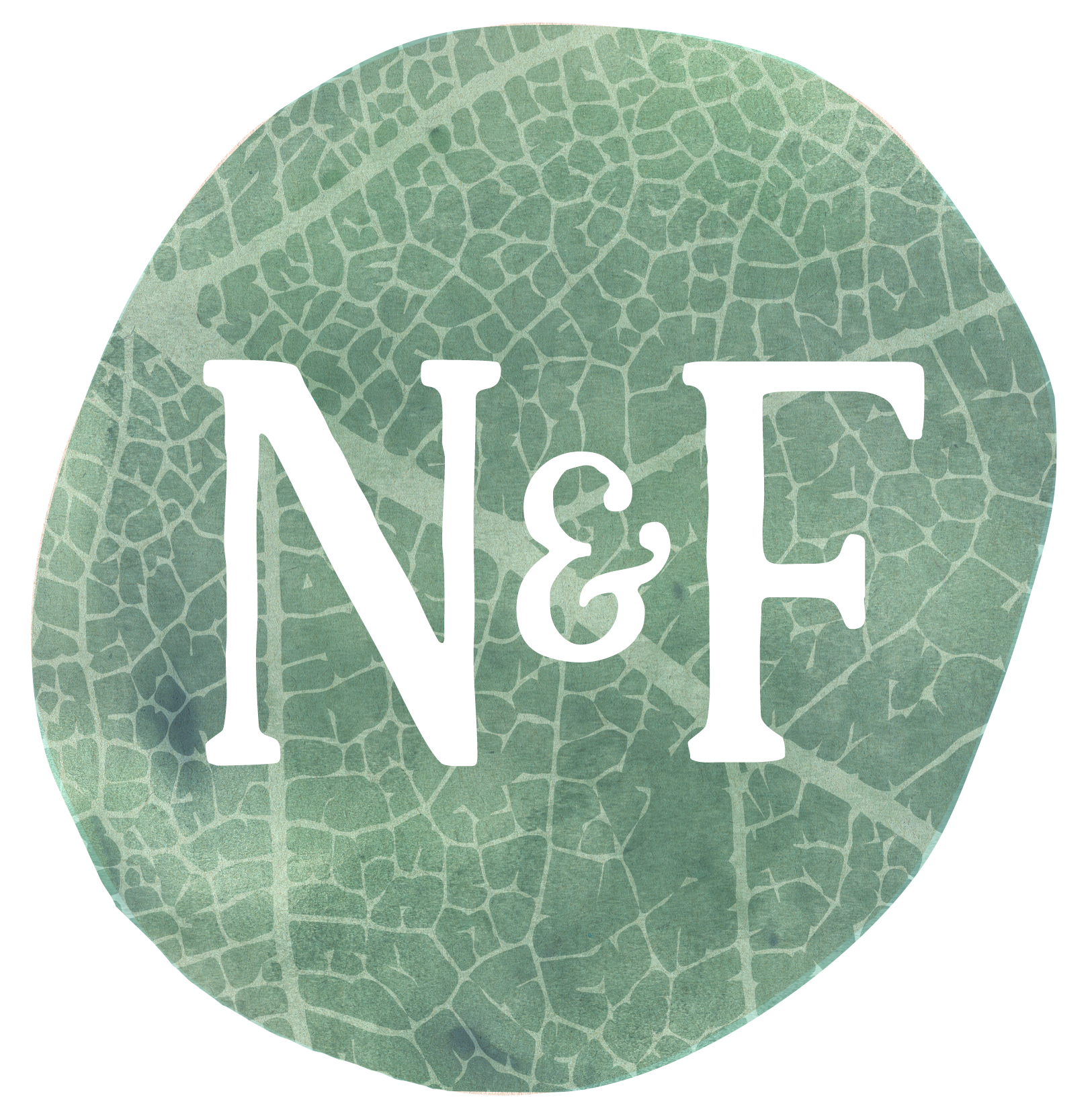 Close-up of Nourish and Flourish logo with a textured green background and white letter 'N' and part of other letters.