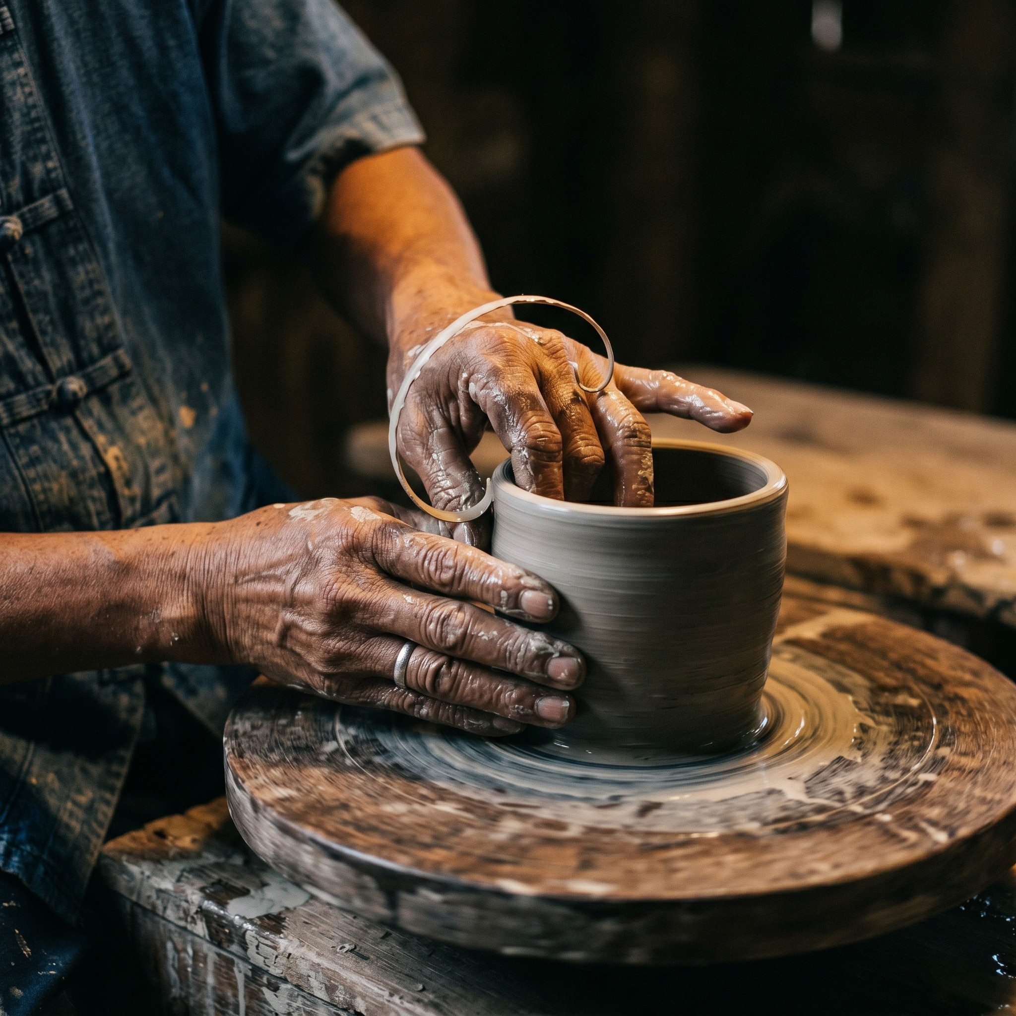 Hands shaping clay on a pottery wheel.