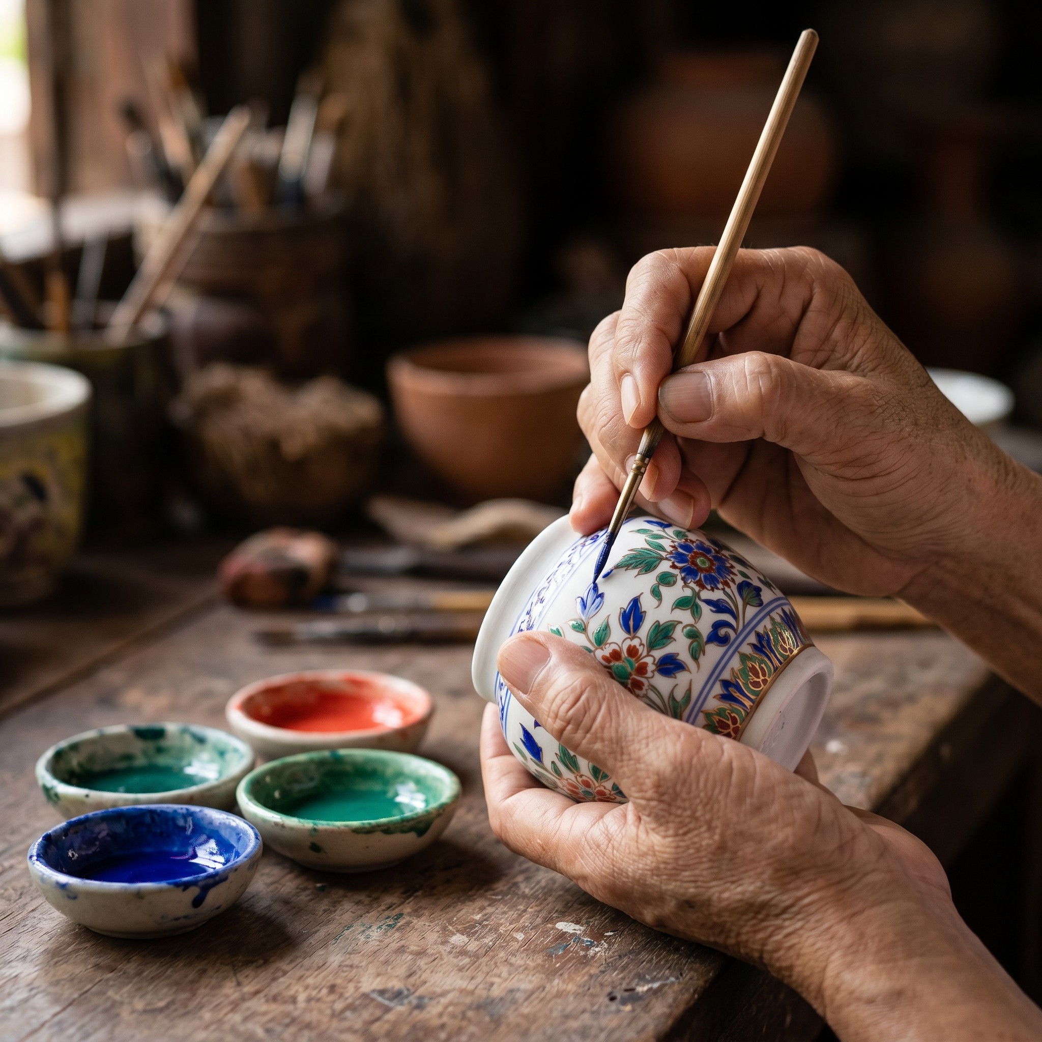A person painting a floral design onto a ceramic item with a paintbrush. Several small bowls of bright-colored paint are arranged on a wooden surface in front of the person.