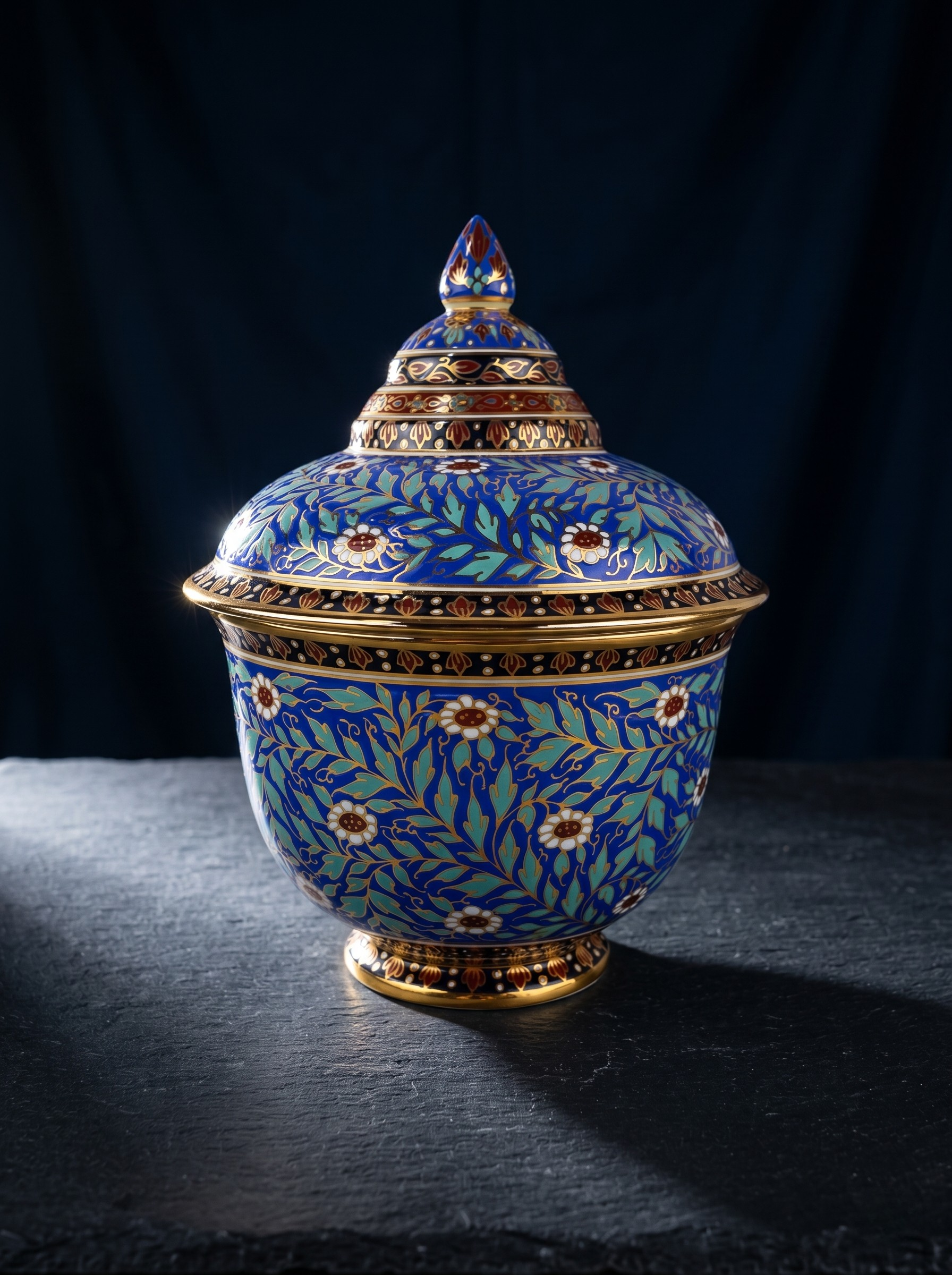 A decorative porcelain urn with a lid, featuring intricate floral patterns in blue, gold, red, and white, set against a dark background with direct lighting.