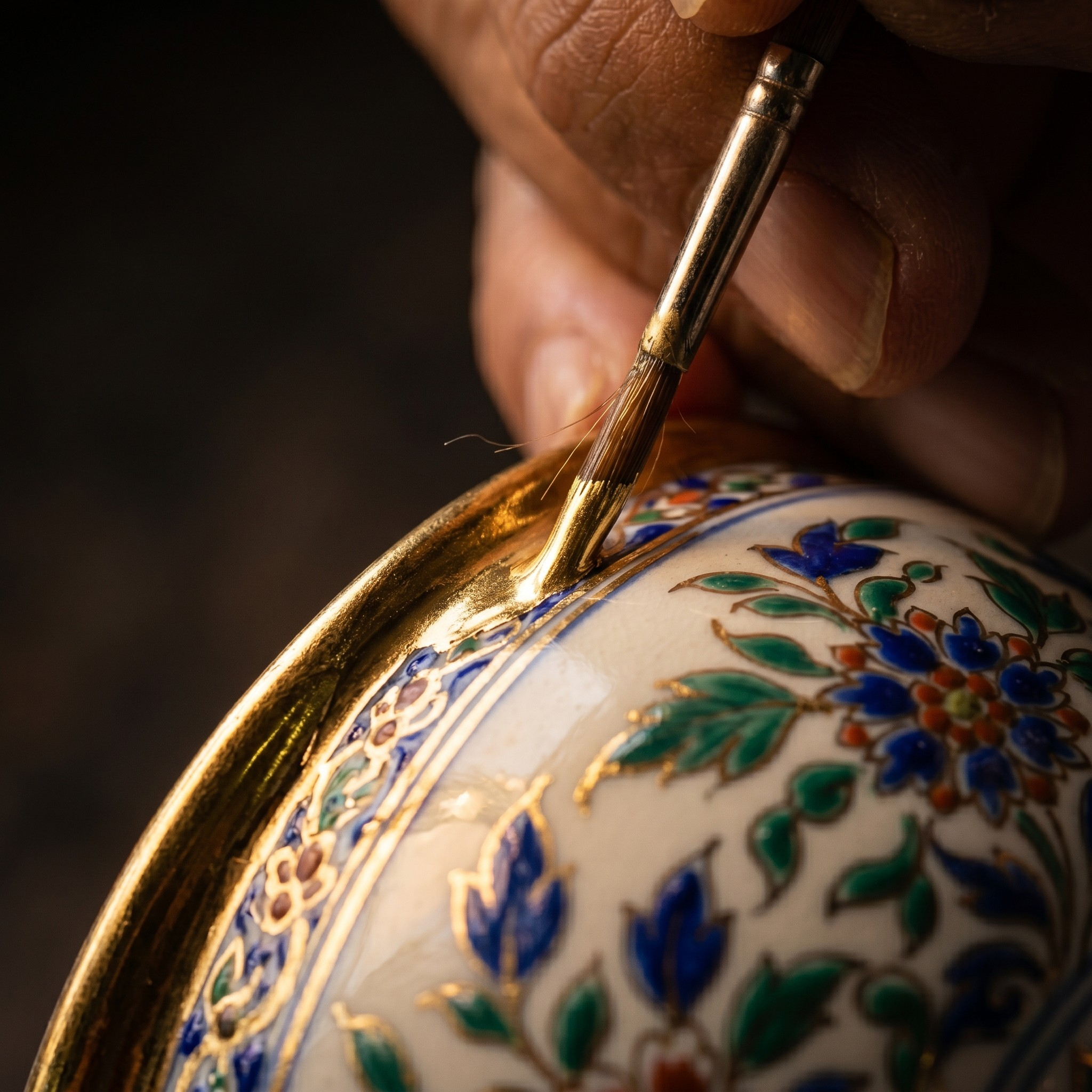 Close-up of a benjarong jar being decorated with detailed, colorful patterns and gold accents, using a fine brush.