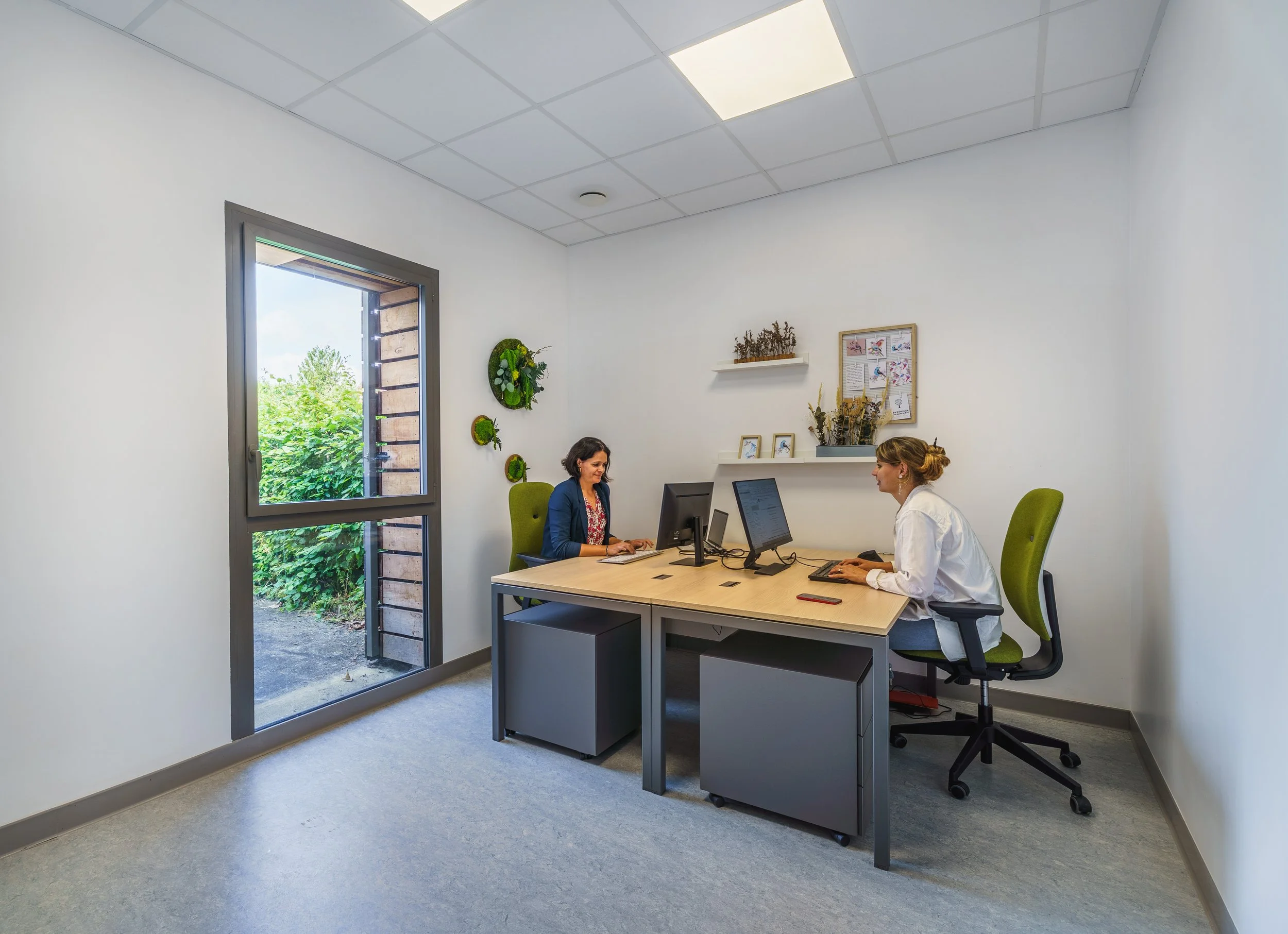 Deux femmes travaillent à un bureau dans une pièce bien éclairée. La fenêtre donne sur un espace vert extérieur.