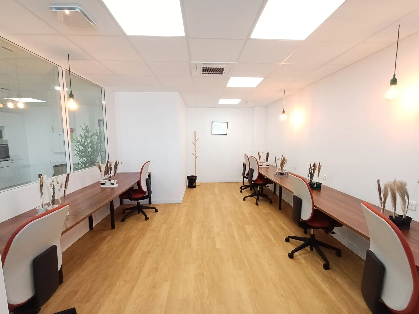 Open space moderne et lumineux avec deux rangées de bureaux en bois, chaises rouge et blanc, parquet clair et cloison vitrée sur la gauche.