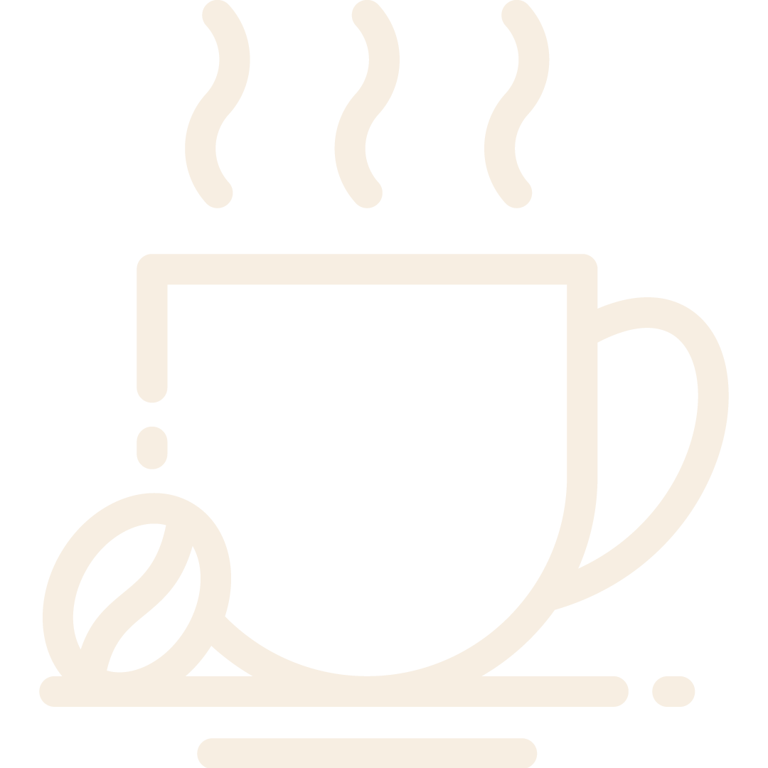 Icône d'une tasse fumante, avec une feuille de café ou de thé à côté.