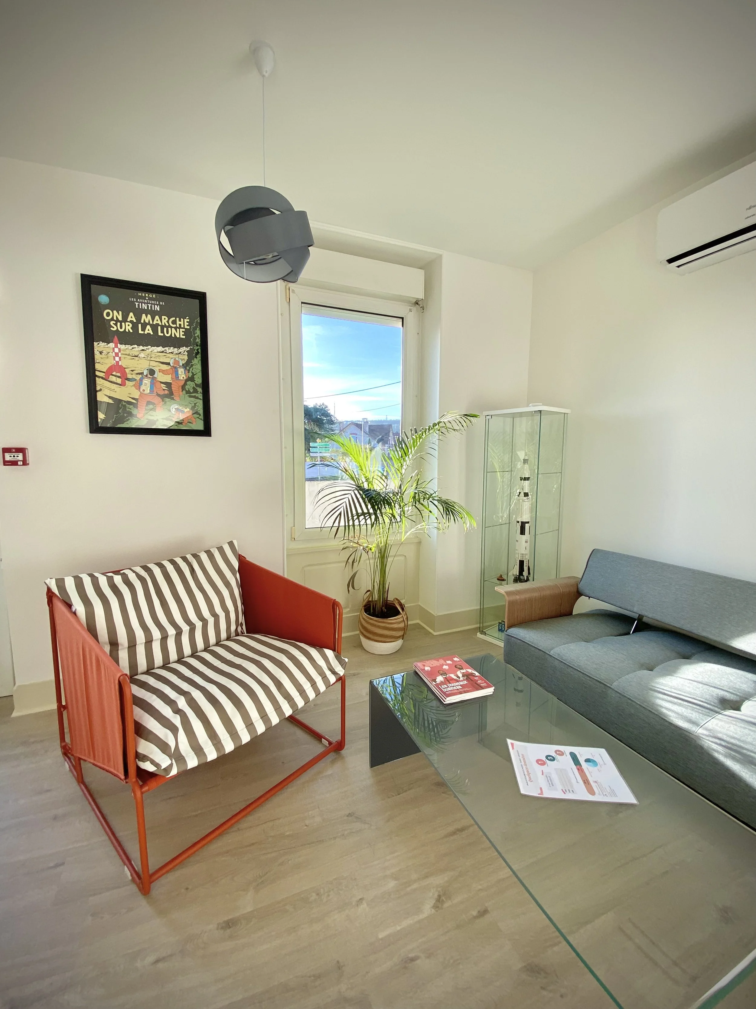 Un salon moderne avec un canapé gris, une table basse en verre, un fauteuil rouge avec un coussin à rayures, une plante verte, une affiche de Tintin sur le mur, une fenêtre laissant entrer de la lumière naturelle, et une vitrine contenant une petite fusée modèle.