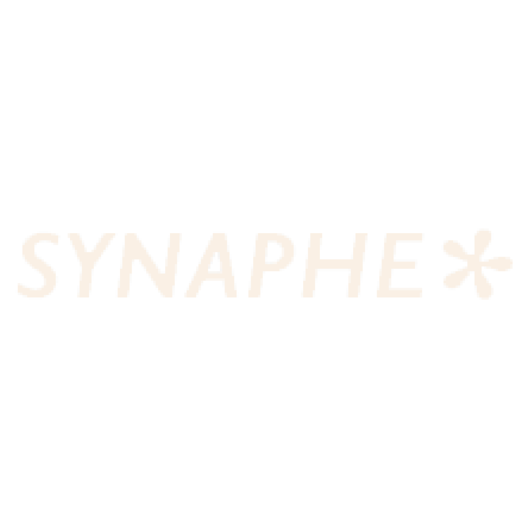Logo avec le texte 'SYNAPHEX' en lettres blanches et un symbole en forme de feuille sur la droite, sur un fond noir.