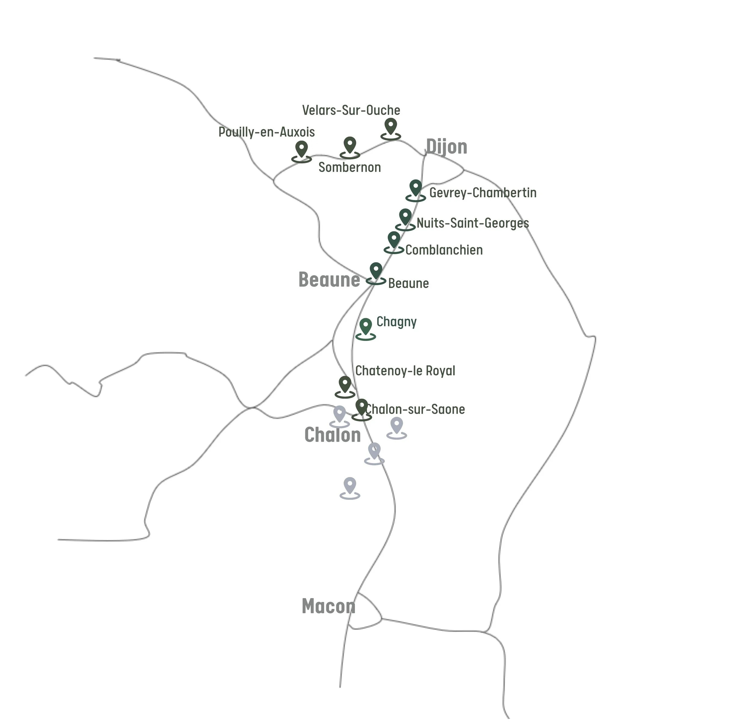 Carte de trajet de Chalon-sur-Saône à Dijon en passant par Beaune, Gevrey-Chambertin, Nuits-Saint-Georges, Comblanchien, Chagny et Chano.