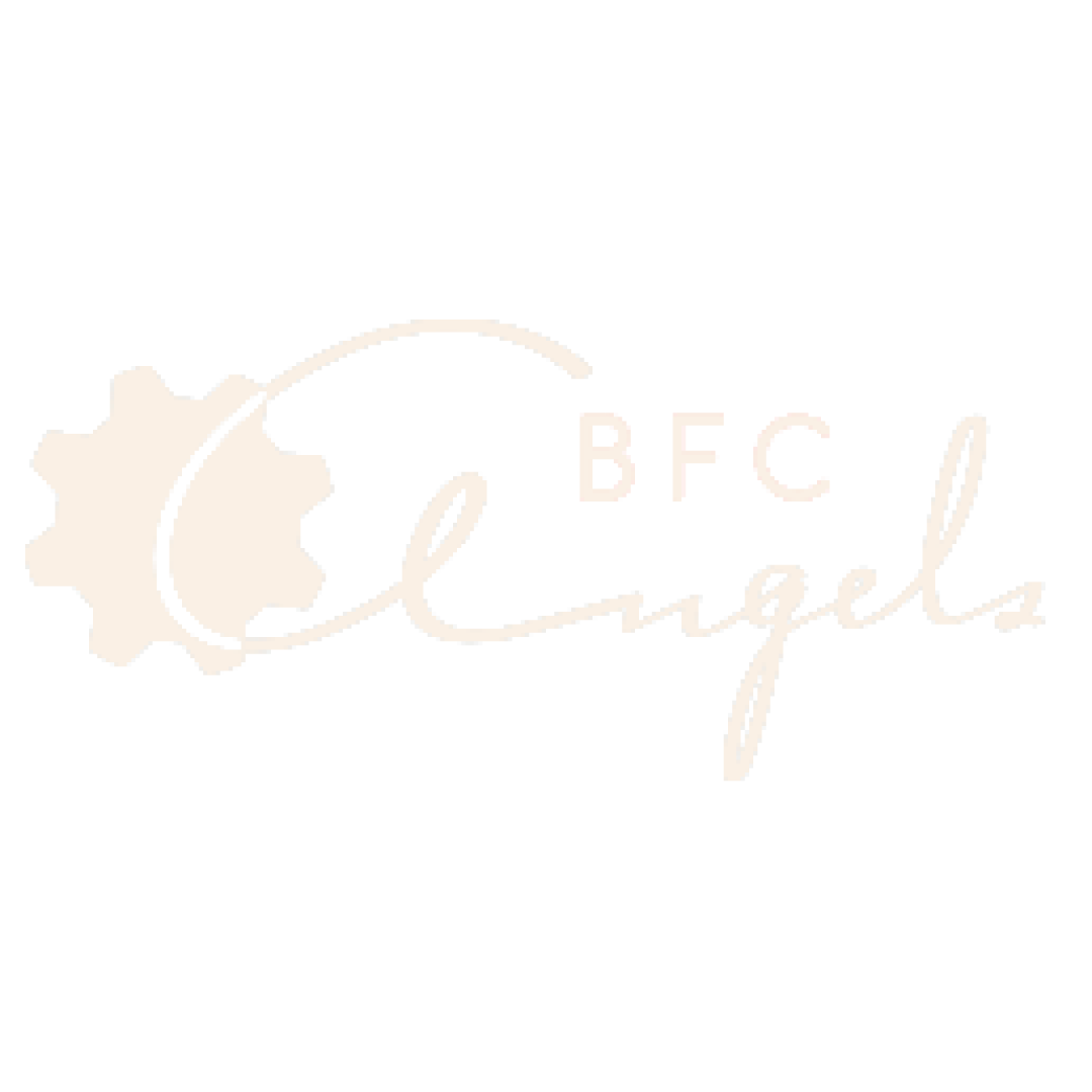 Logo avec un engrenage beige, un arc de cercle et le texte 'BFC Elangels' en script blanc sur fond noir.