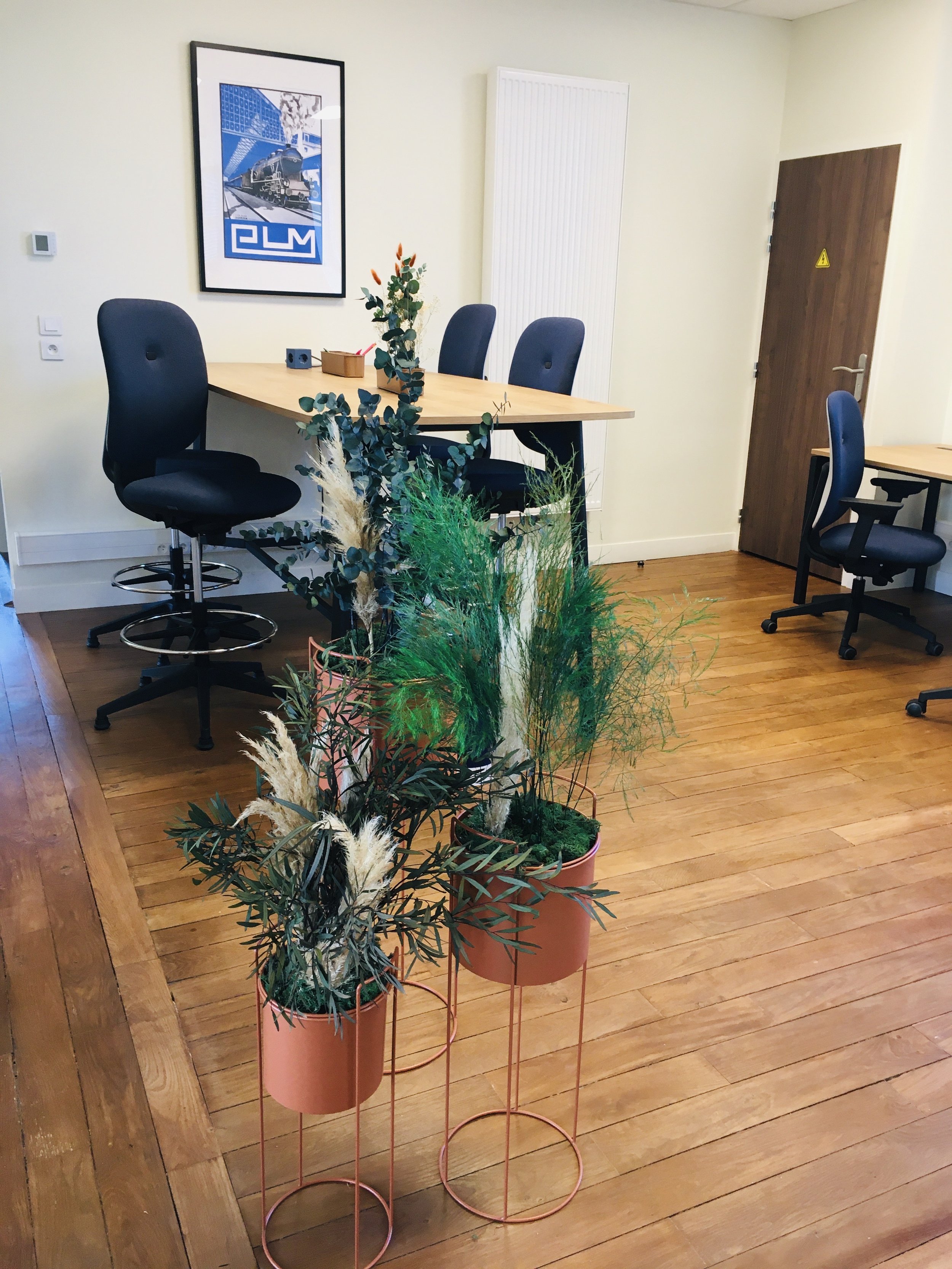 Une salle de réunion avec une table en bois, des chaises noires, et des plantes en pots. Un tableau avec une image de train et un logo DLM est accroché au mur, et il y a une porte en bois à droite.