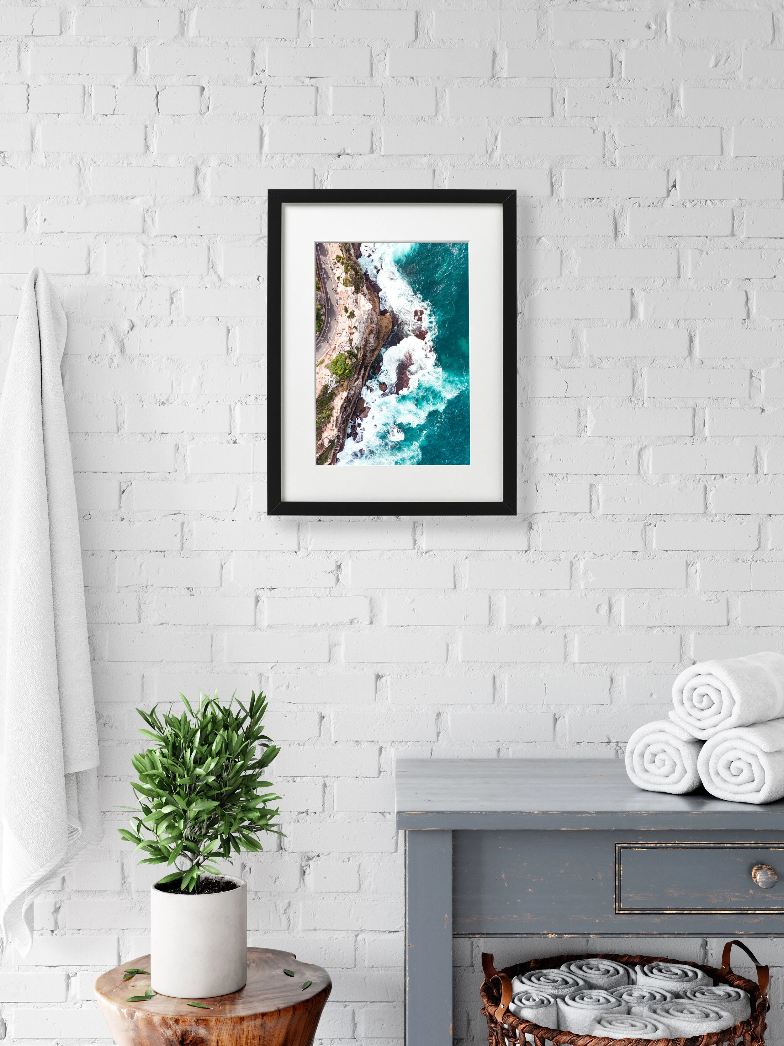 Aerial view of Bronte Beach and coastal cliffs, Sydney — framed fine art print