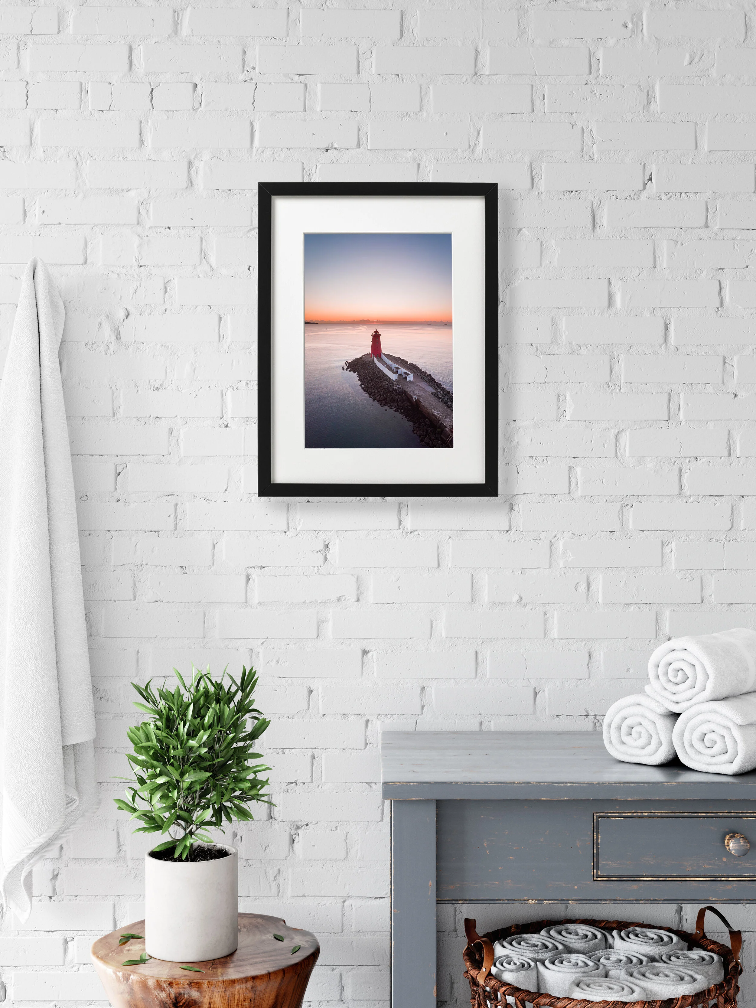 Aerial drone photo of Poolbeg Lighthouse, Dublin Bay at sunrise — framed fine art print