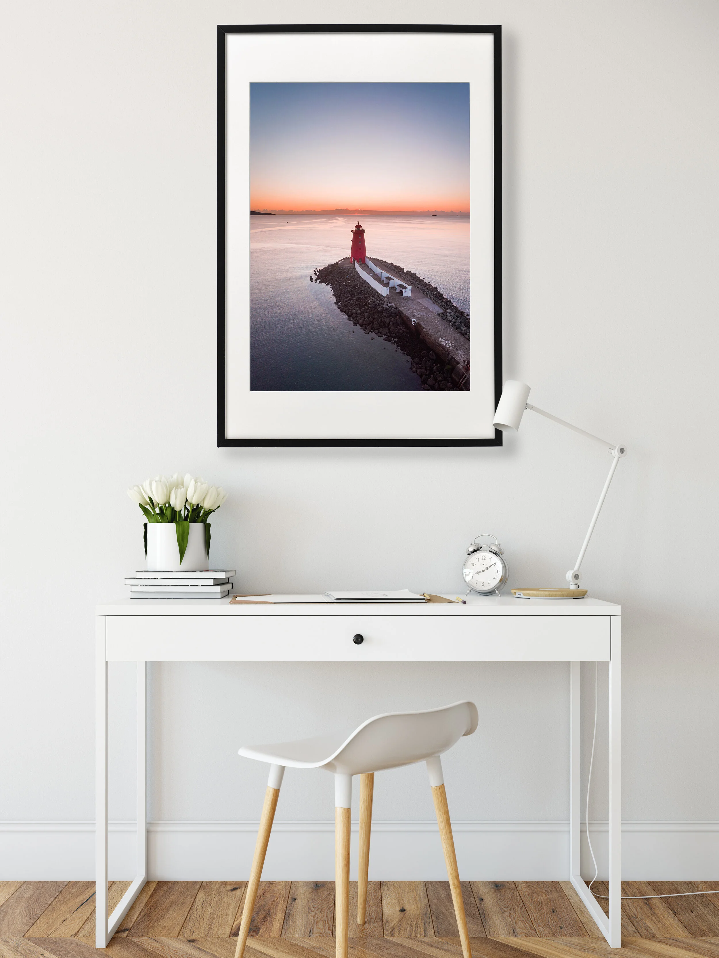 Aerial drone photo of Poolbeg Lighthouse, Dublin Bay at sunrise — framed fine art print