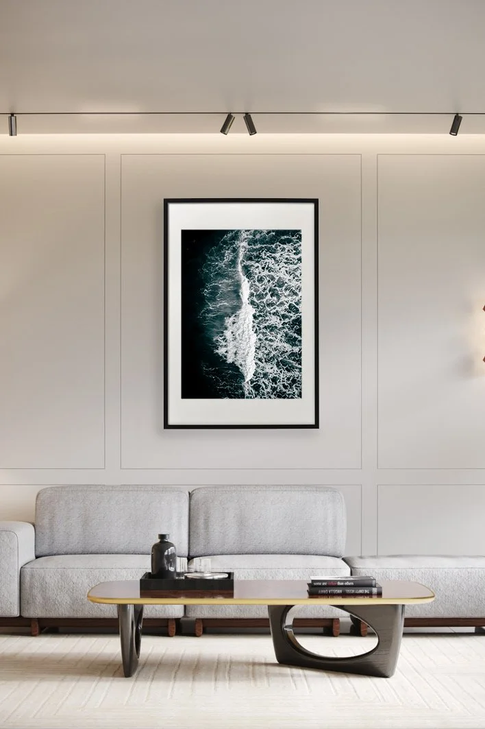 Aerial drone photo of a wave crashing on the Wild Atlantic Way, County Clare, Ireland — framed print