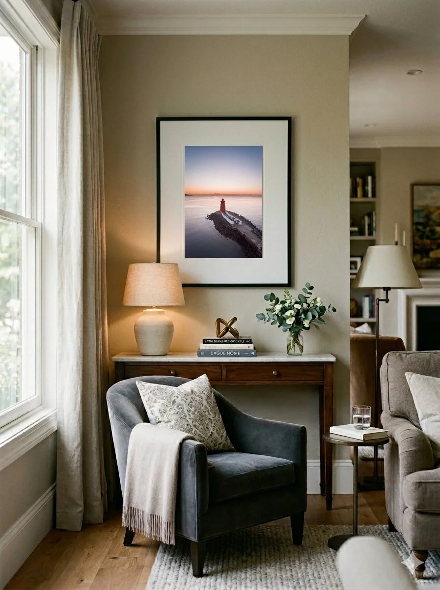 Aerial drone photo of Poolbeg Lighthouse, Dublin Bay at sunrise — framed fine art print