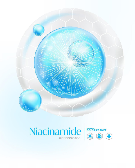 Digital illustration of a blue molecule representing niacinamide, with interconnected hexagonal patterns in the background, and icons indicating health and skincare benefits.