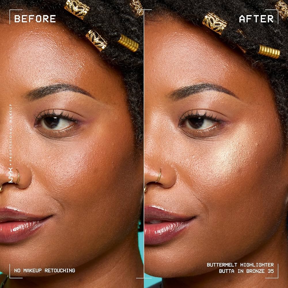 Side-by-side comparison of a woman's face before and after makeup application, showing no makeup retouching on the left and finished makeup with highlighter on the right.