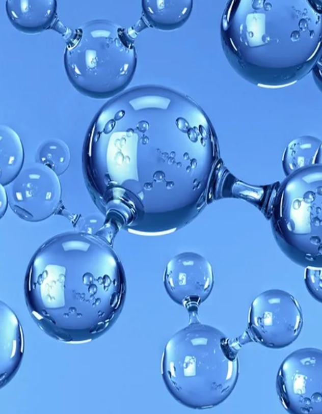 Illustration of a molecular structure with blue spheres connected by rods, representing molecules or atoms, against a blue background.