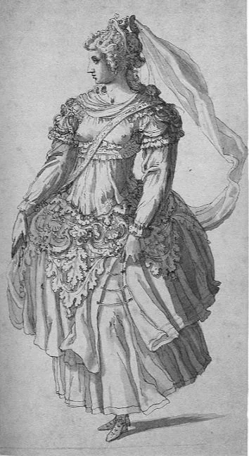 A black-and-white drawing of a woman in a Jacobean masque costume, wearing a voluminous dress with detailed patterns, a corset, and a large bow on her head, with her hands holding part of her dress.
