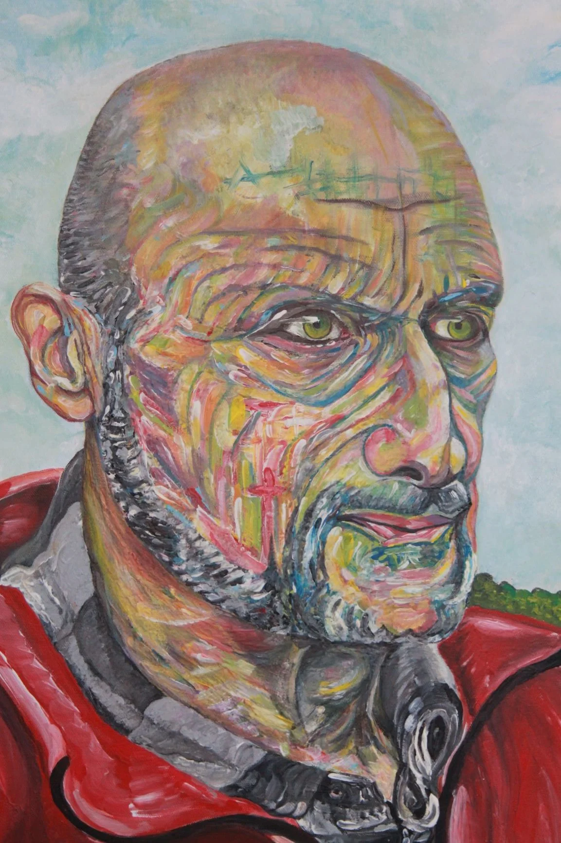 A colourful abstract portrait painting of  Will Coe, author of "A Body in the Barn" and "Don't Blame Oliver".