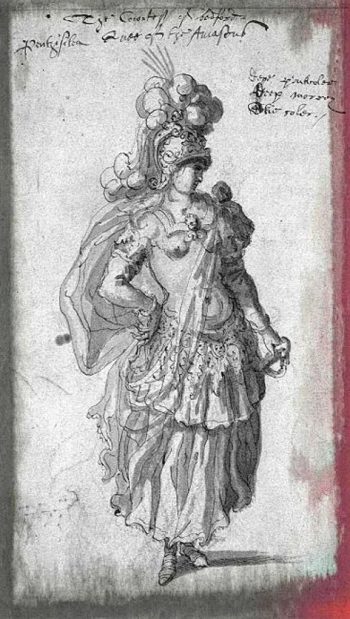 A detailed black and white sketch of a woman dressed in Jacobean masque attire, including a large, ornate headdress with feathers, a decorated dress with ruffles and patterns, and a cape.