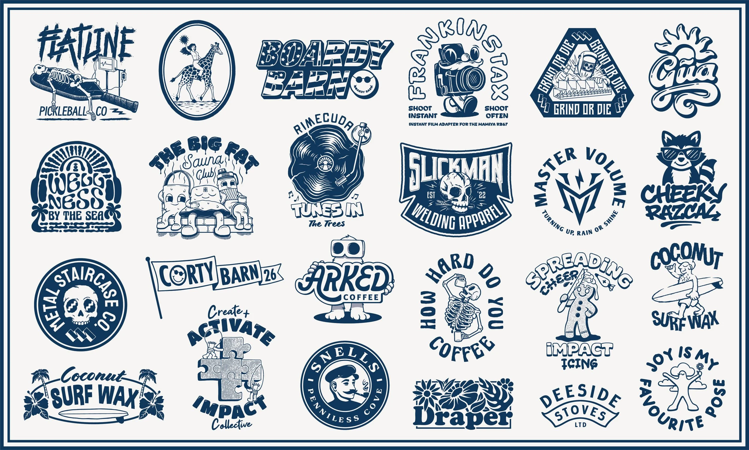 A collage of various monochrome graphic designs and logos featuring themes like sports, outdoor activities, and creative brands, including a skeleton, a lion, a skull, a gorilla, a dog, and text-based logos.