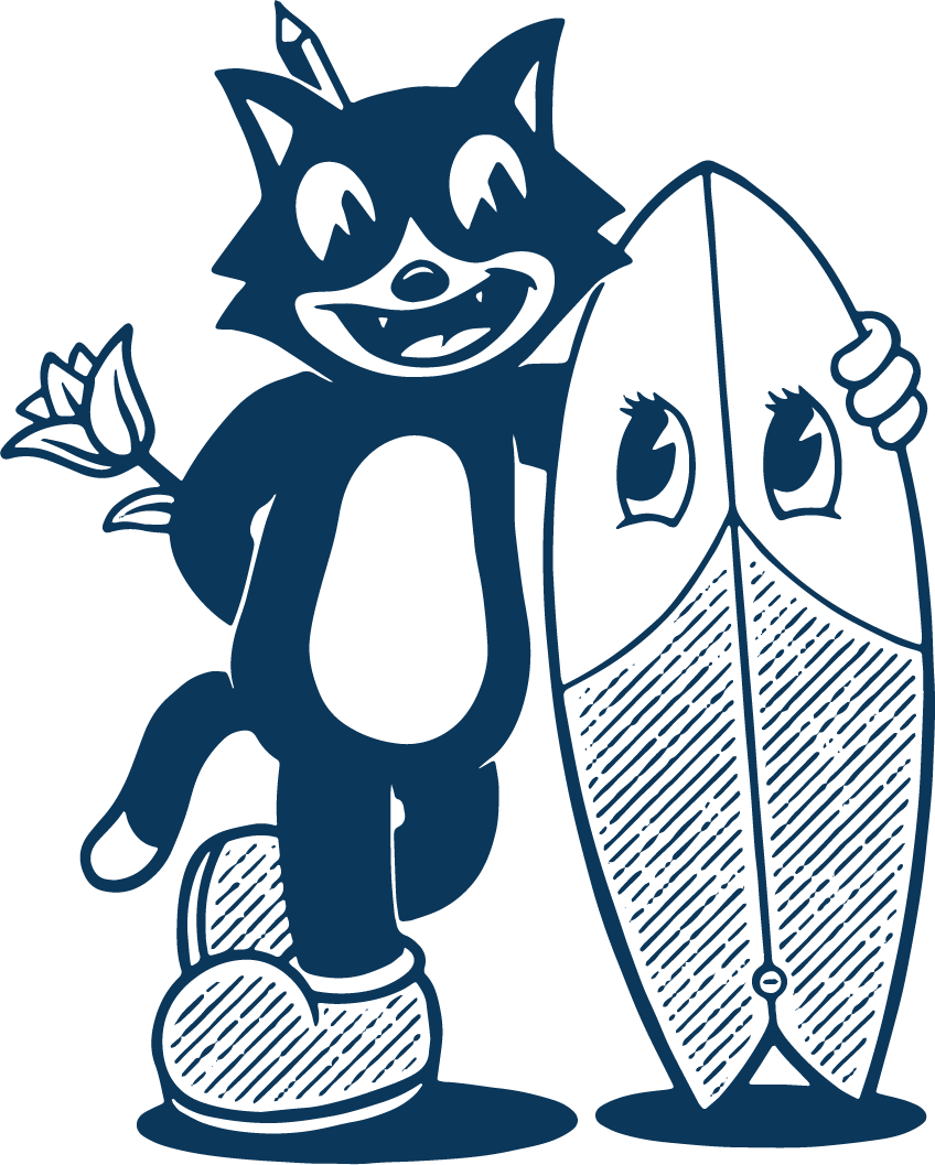 Cartoon raccoon holding a leaf and standing on a skateboard next to a surfboard